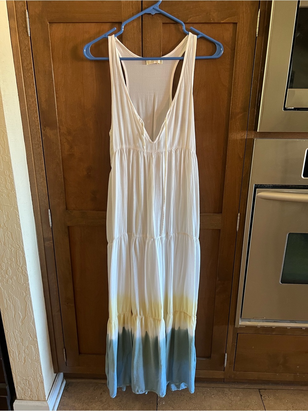 Indah White Maxi Dress with Yellow and Blue Dip Dye Hem